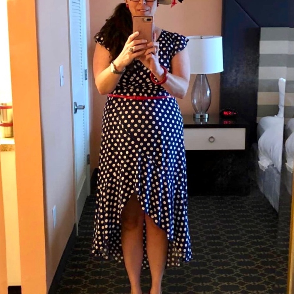 Blue & White Polka Dot high low dress L - Picture 3 of 9